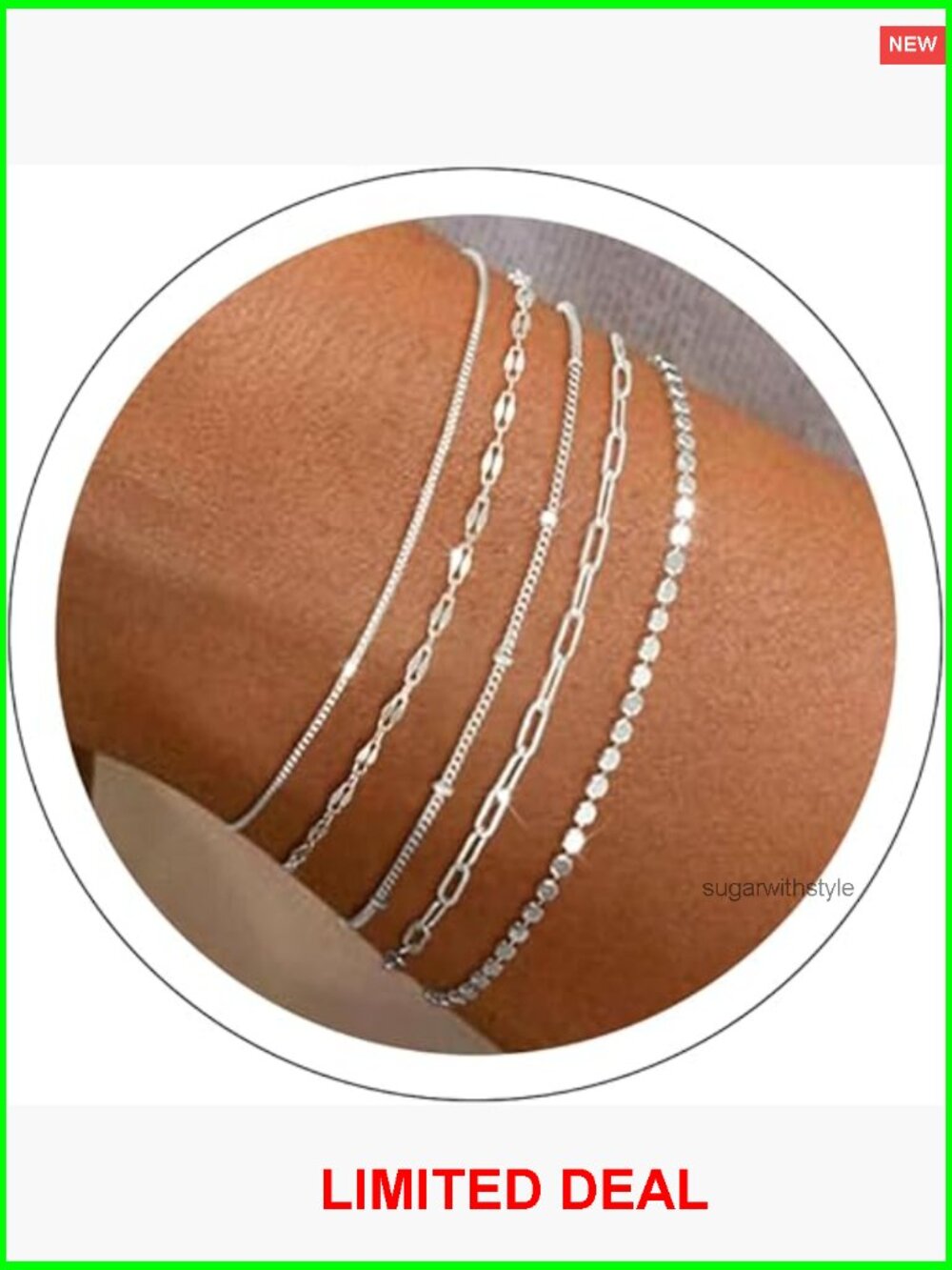 5-Piece Silver Plated Bracelet Set Link Chain Dainty Stackable Adjustable